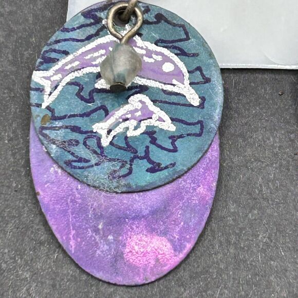 Vintage Turquoise Purple Metal Dangles Chain Dolphin Necklace Dangle Earrings - Picture 5 of 14
